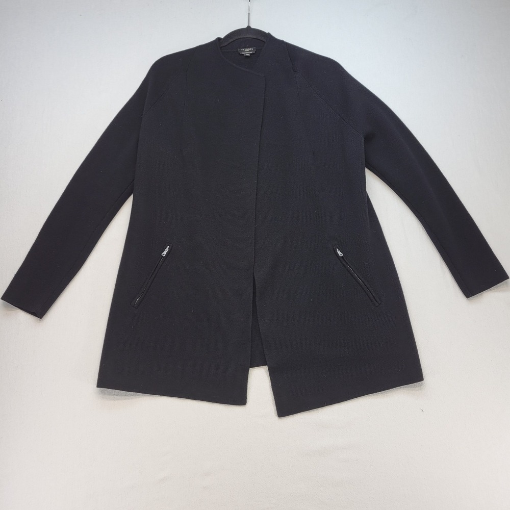 Talbots Cardigan Womens Medium Petite Black 100% Merino Wool Open Zip Pocket